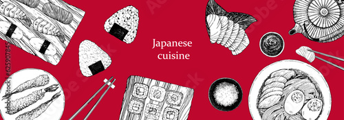 Japanese Restaurant Menu. Hand-drawn illustration of dishes and products. Ink. Vector
