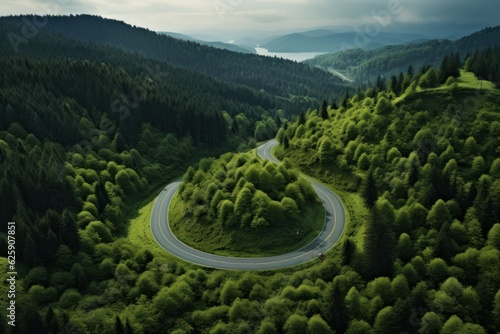 Aerial view of a winding road in the Carpathian mountains