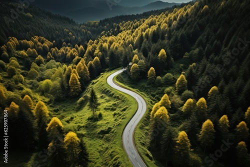 Aerial view of a winding road in the Carpathian mountains
