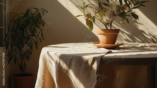 Wallpaper Mural A table with a beige linen tablecloth and some summer plant,interior of room Torontodigital.ca