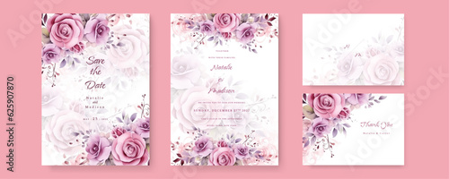 Watercolor wedding invitation template with romantic pink floral and leaves decoration