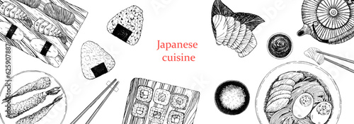 Japanese Restaurant Menu. Hand-drawn illustration of dishes and products. Ink. Vector