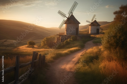 Autumn field windmills sunset. Generate Ai