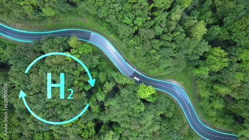 White car driving on hydrogen power in eco environment. Motion graphic animation photo