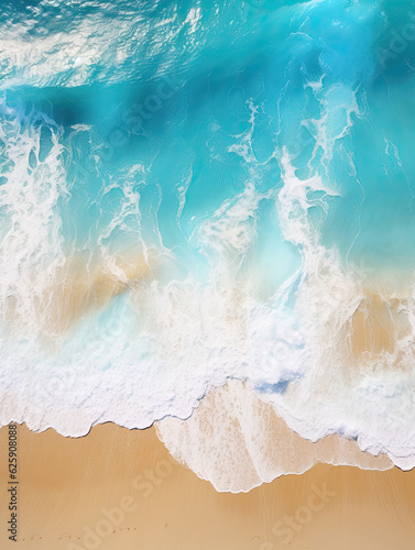 Drone shot of a tropical sea with waves crashing on the sand