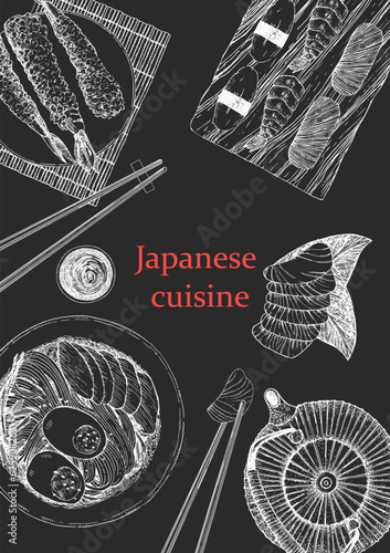 Japanese Restaurant Menu. Hand-drawn illustration of dishes and products. Ink. Vector