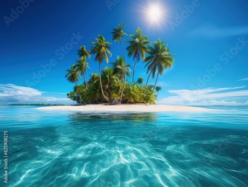 Tropical paradise with lush palm trees on a sandy island with turquoise sea