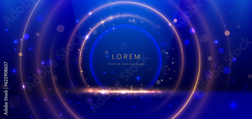 Luxury dark blue background with circle glowing blue and golden line lighting effect sparkle. Template premium award ceremony design.