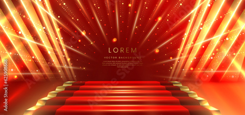Elegant red stage with gold diagonal glowing lighting effect and sparkle. Template premium award design.
