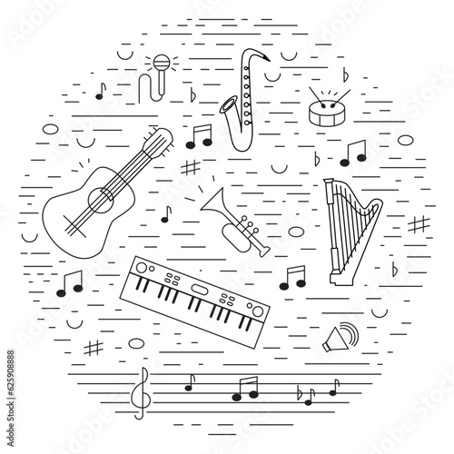 Set of musical instruments black and white in circle. Vector illustration EPS10