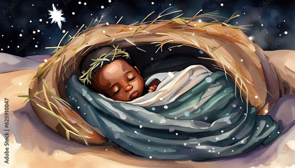 Cute black baby Jesus in hay shelter tightly wrapped in a blanket under