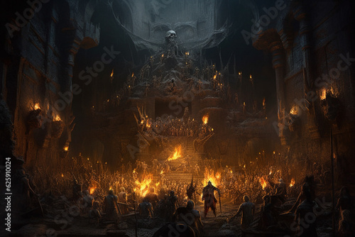 Fantasy scenery with devil, skulls and flames. 3D illustration. Generative AI