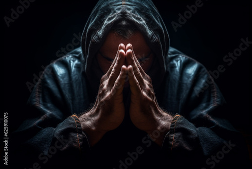 A man on a black background. Hands are folded in the position of prayer.Inner silence. Generative AI