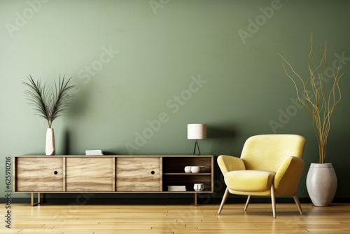 Interior of modern living room with green walls, wooden floor, yellow armchair and coffee table. 3d rendering