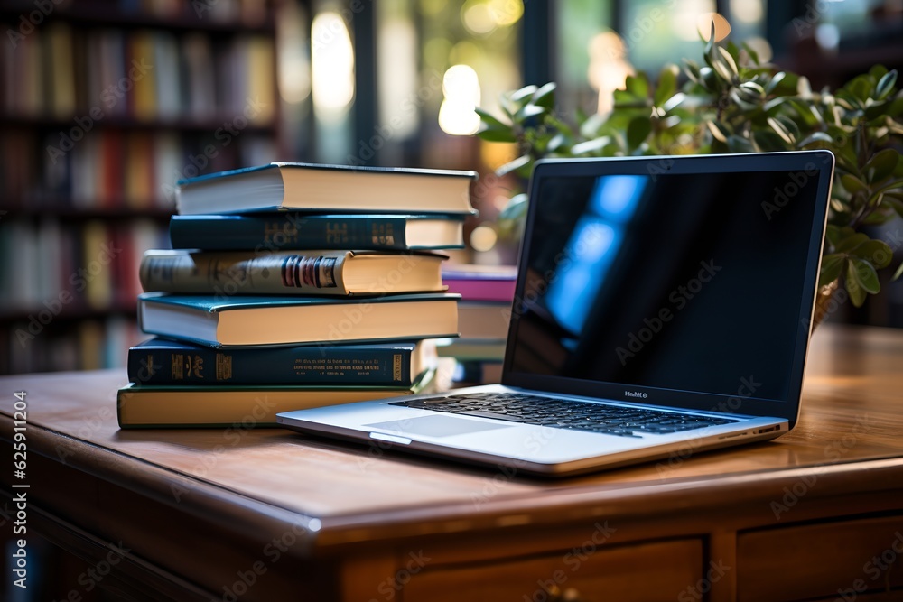 Books and a laptop on the table, generative AI Books and a laptop on the table, generative AI
