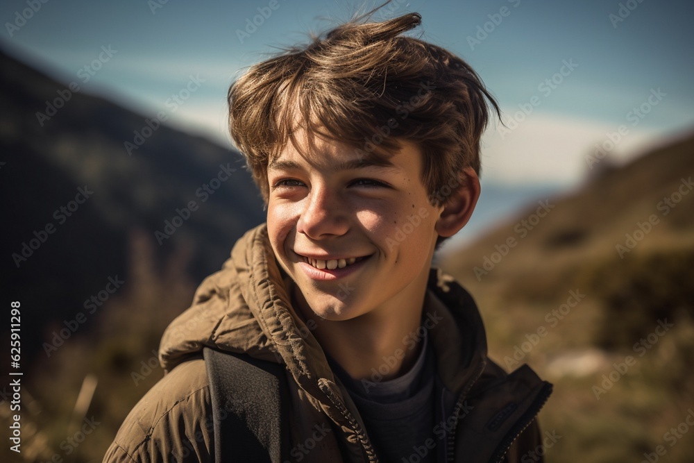 Portrait of a grinning teenager boy wearing a comfortable parka, mountain landscape background Portrait of a grinning teenager boy wearing a comfortable parka, mountain landscape background
