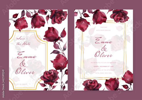 Floral wedding invitation card set template design, watercolor decorated with magnolia liliiflora flowers on white