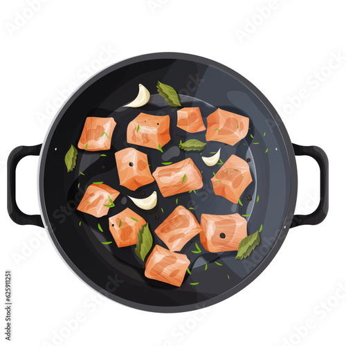 Roast chicken fillet chunks or turkey pieces in frying pan with spices, garlic and leaves top view in cartoon style isolated on white background. 