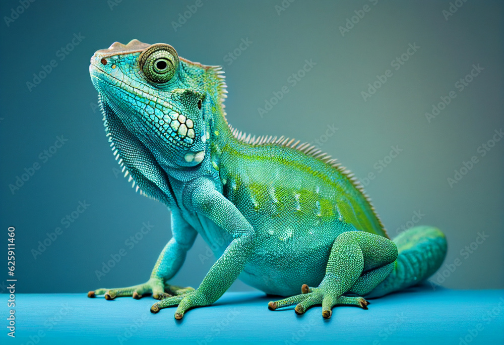 Fototapeta premium Portrait of a funny chameleon under studio blue lighting. AI Generated