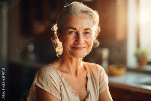 Portrait of a self confident and smiling woman in her 50s at home, interior background photo