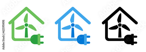 Windmill powering home house electricity green energy eco friendly power generator with leaf symbol