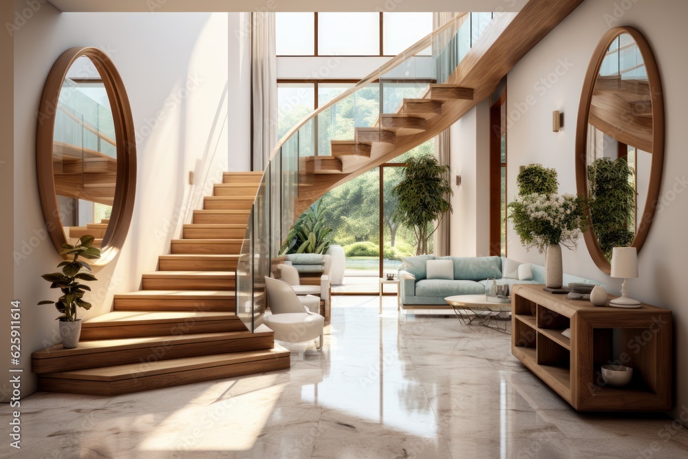 Interior of modern living room with white walls, tiled floor, panoramic window and wooden staircase. 3d rendering Interior of modern living room with white walls, tiled floor, panoramic window and wooden staircase. 3d rendering