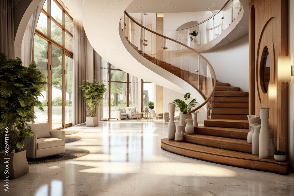 Obraz premium Interior of luxury hotel lobby with white walls, tiled floor and long wooden staircase. 3d rendering