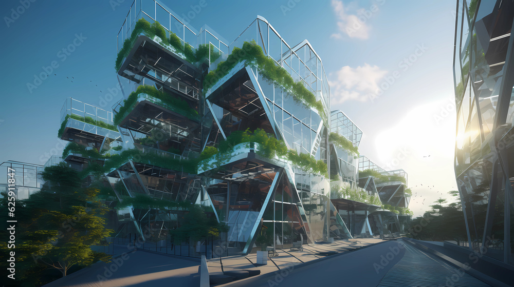 Fototapeta premium Step into Solar Nexus, a city powered by the sun, where innovation meets sustainability. The scene takes place at the heart of the city, a bustling square showcasing the latest advancements in green t