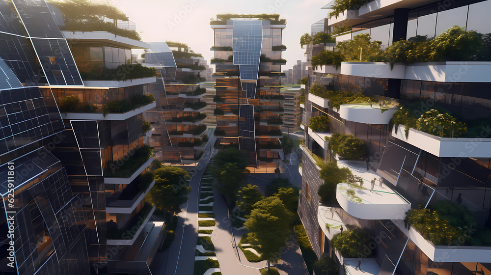 Step into Solar Nexus, a city powered by the sun, where innovation meets sustainability. The scene takes place at the heart of the city, a bustling square showcasing the latest advancements in green t