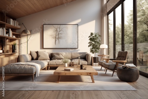 Interior of modern living room with white walls  wooden floor  comfortable sofa  coffee table and bookcase. 3d rendering