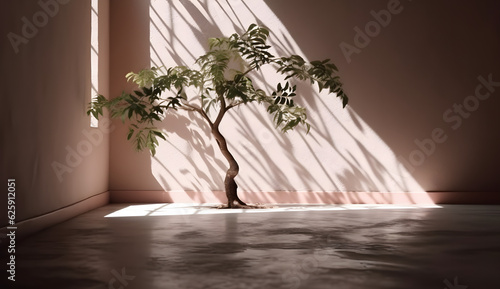 A tree in an empty room, white background, and shadows. generative ai
