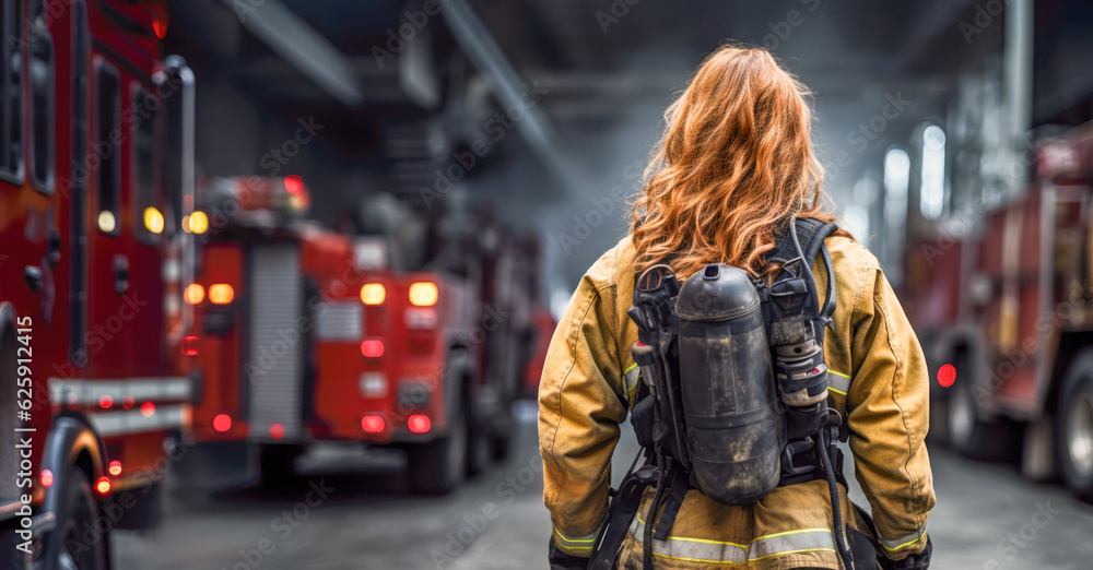 A courageous female firefighter in her uniform and gear, standing proudly amidst emergency rescue trucks with copy space. AI genrative