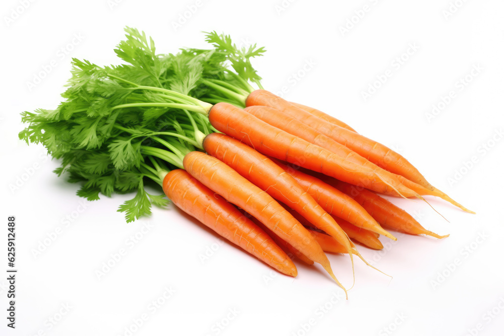 A fresh and organic carrot bundle, isolated on a clean white background, showcasing the vibrant bunch of nutritious and farm-fresh root vegetables. AI generative A fresh and organic carrot bundle, isolated on a clean white background, showcasing the vibrant bunch of nutritious and farm-fresh root vegetables. AI generative