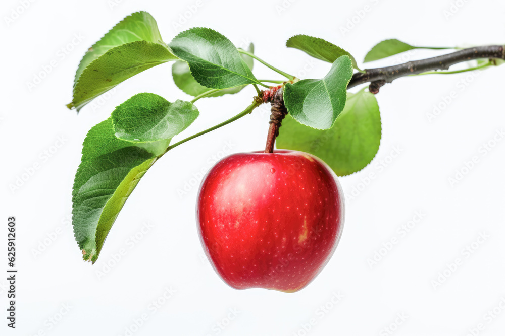 Close-up of a red apple hanging on a twig with leaves isolated on white background. AI generative
