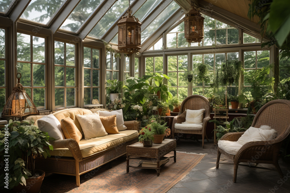 the interior design elements of a greenhouse, with stylish seating, decorative accents, and lush greenery creating a tranquil space Generative AI