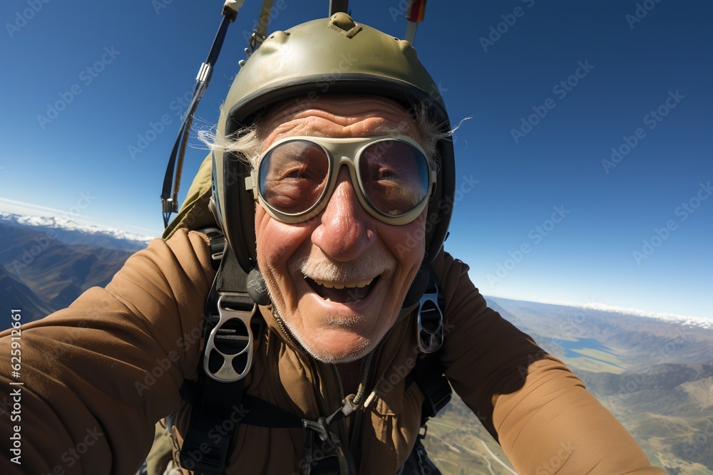 Happy old skydiver, generative ai