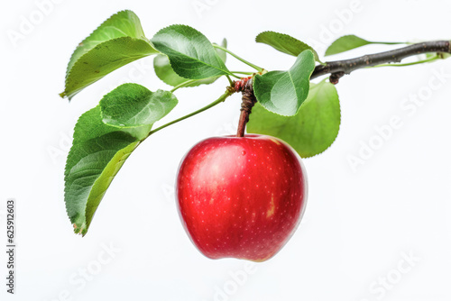 Fotografie, Obraz Close-up of a red apple hanging on a twig with leaves isolated on white background