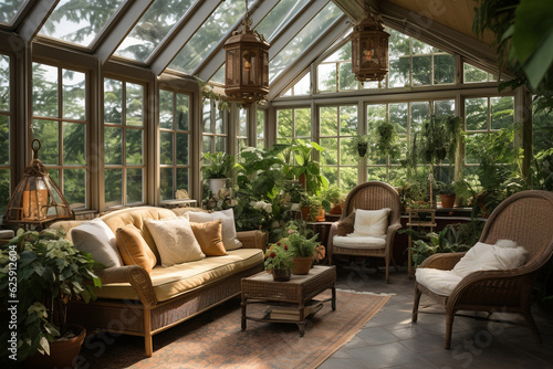 the interior design elements of a greenhouse  with stylish seating  decorative accents  and lush greenery creating a tranquil space Generative AI