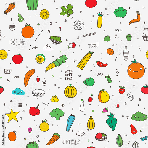 Fun seamless vegetable pattern. Happy smiling vegetarian food ingredients scattered around. Healthy plant-based diet concept