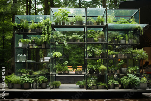 a vertical garden of aromatic herbs growing within a greenhouse, combining functionality and aesthetic appeal Generative AI