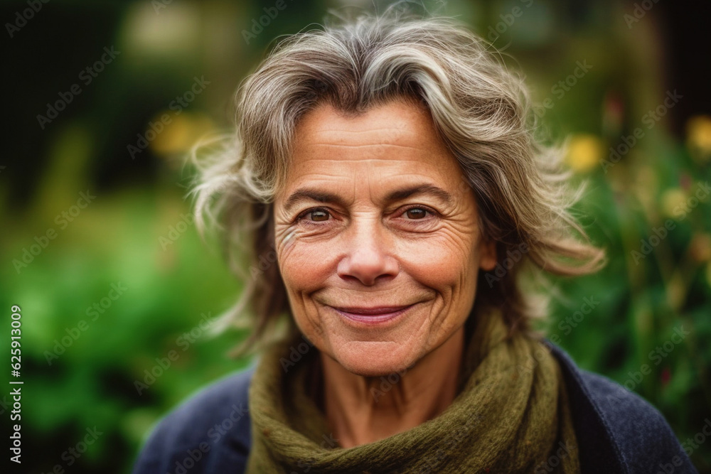 Portrait of smiling pleased lady in her 60s wearing a warm sweater against a garden background