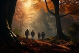 Photograph of people exploring enchanted forests in autumn, Generative AI