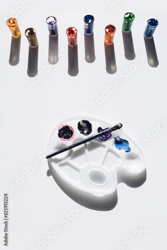 Painter tool set with paintbrushes, acrylic paint in tubes, and color palette directly on the high sun with long dark shadows. Painting equipment on white background. School elements. Flat lay