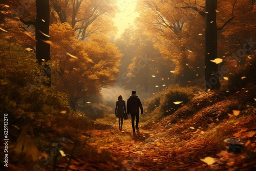 Photograph of people exploring enchanted forests in autumn, Generative AI © Nino42