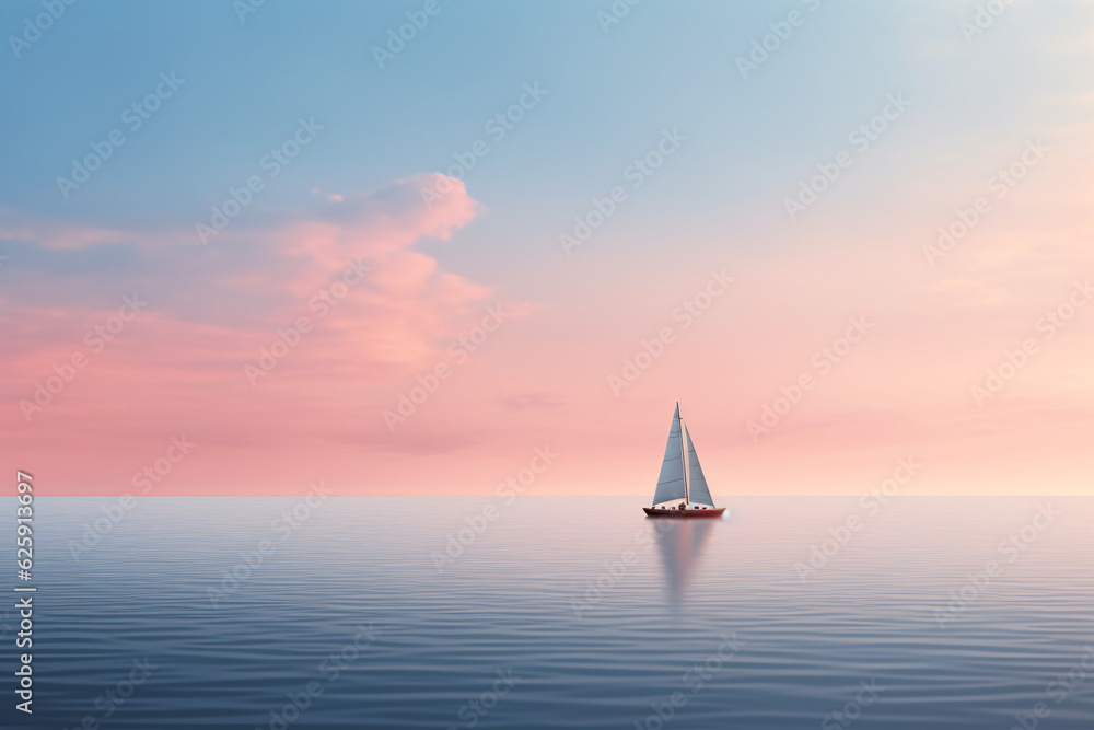 Single sailing boat that sails on the wide and calm ocean - obrazy, fototapety, plakaty 