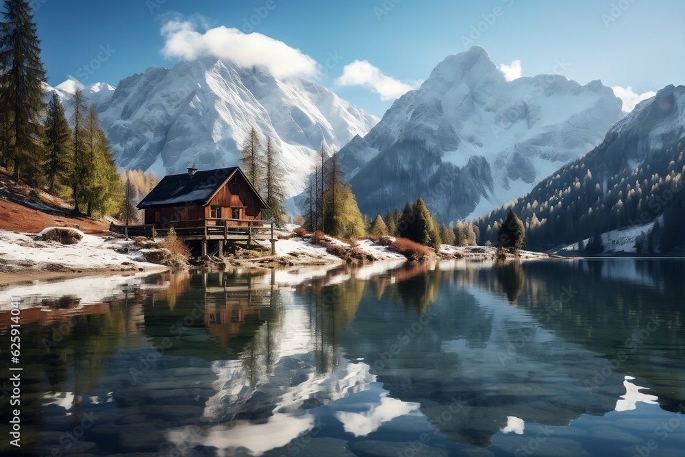 Naklejka premium Tranquil Alpine Lake Scene: Small House and Mountains. Generative AI