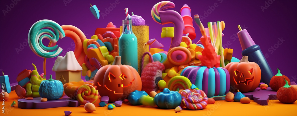sweet holiday halloween purple spider orange celebration party candy pumpkin. Generative AI.