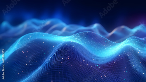 Abstract digital data background. Golden and neon color. Wave with moving dots. Musical stream of sounds. 3D rendering technology. Generative Ai © jex