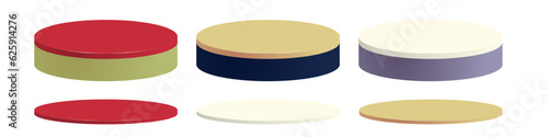 Set of 3d rendered two-layered cylinder platforms podiums. Red, Orange-Yellow, Vanilla White. Thin 3d rendering stands, isolated on white background. Editable Vector Illustration. EPS 10.