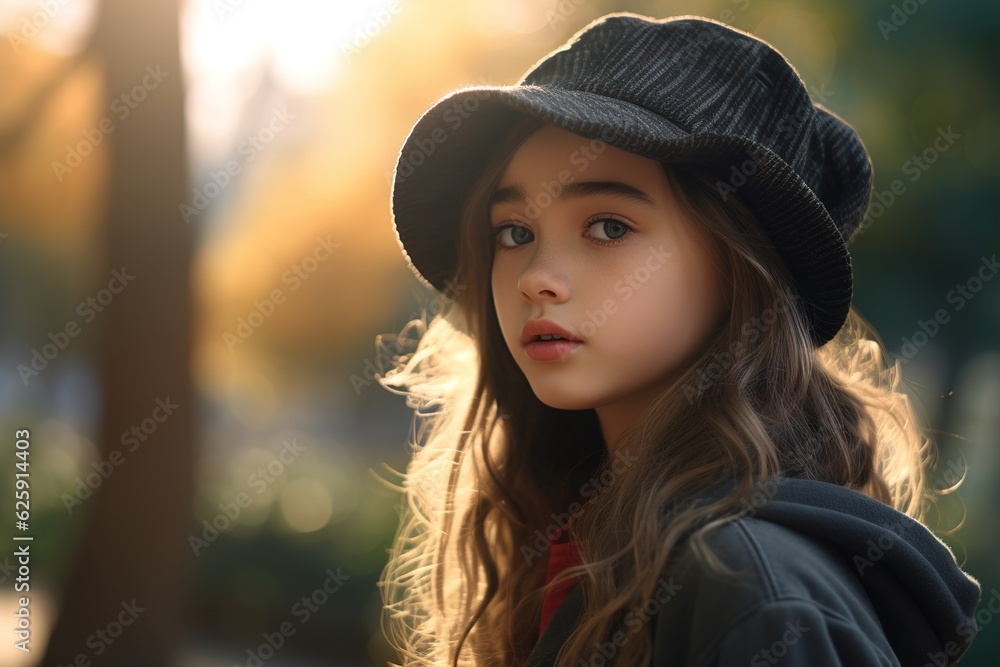 beautiful little girl with long hair in park beautiful little girl with long hair in park